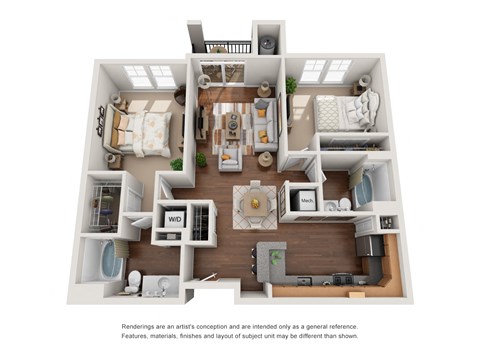 Floor plan for 2 beds, 2 baths, 1029 sqft